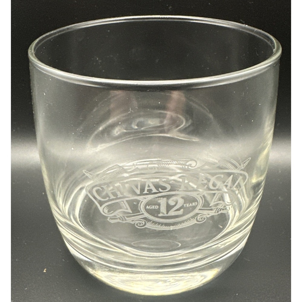 Chivas Regal-Glass Rocks- Etched Aged 12 Years Scotch/Whisky- Logo-‎ 3.5" Tall